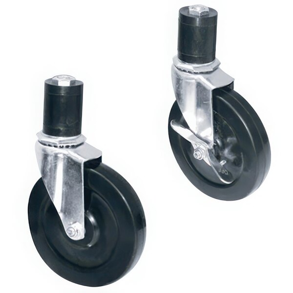 Two black and silver Advance Tabco casters with wheels on them.
