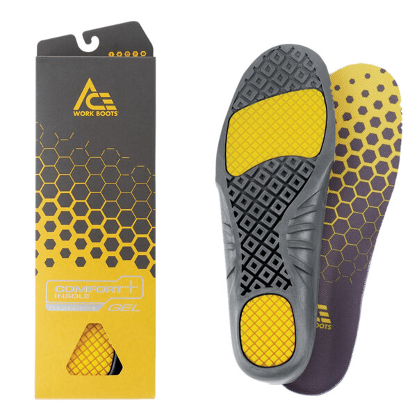 A pair of yellow and black Ace Gel Comfort insoles with a hexagon pattern.