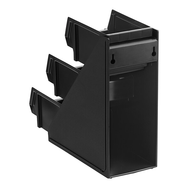 A black plastic Vollrath condiment bin stand with three compartments.
