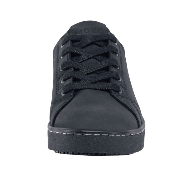 A close-up of a black MOZO women's shoe with laces.