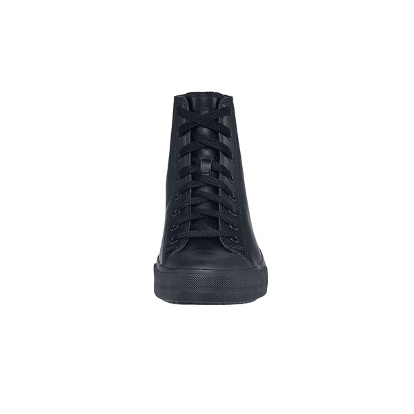 A black Shoes For Crews Pembroke shoe with laces.