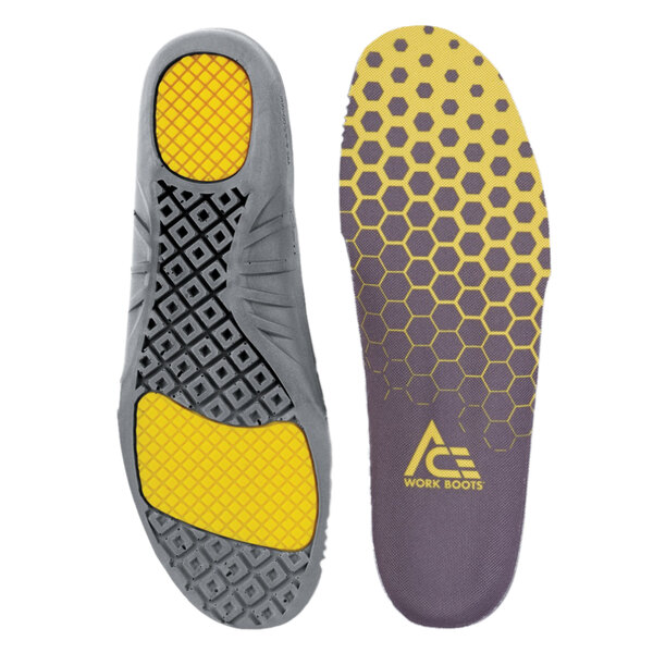 A yellow and gray Ace gel comfort insole for a shoe.