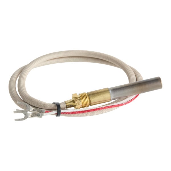 A safety thermopile for floor fryers with a brass fitting and attached insulated wire.