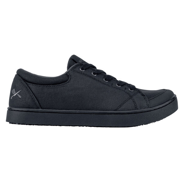 A black MOZO women's casual shoe with laces and a rubber sole.
