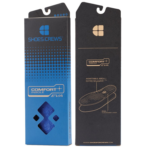 A blue box with black and blue squares containing a pair of blue and black Shoes For Crews with a blue comfort insole.