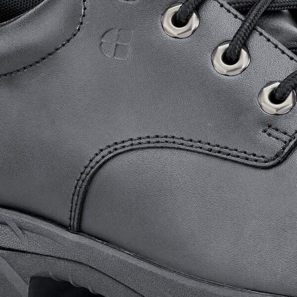 A black leather Shoes For Crews Cade work boot for men with steel toe.