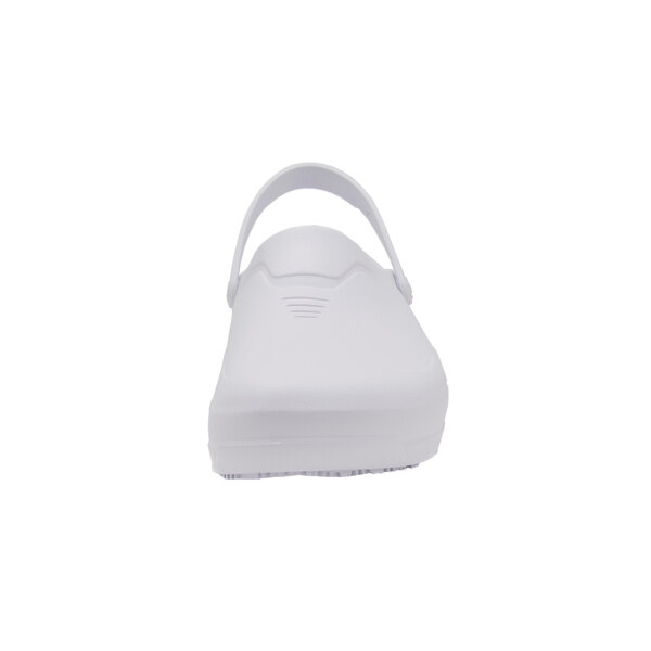 A white Shoes for Crews casual shoe with a strap on the side.