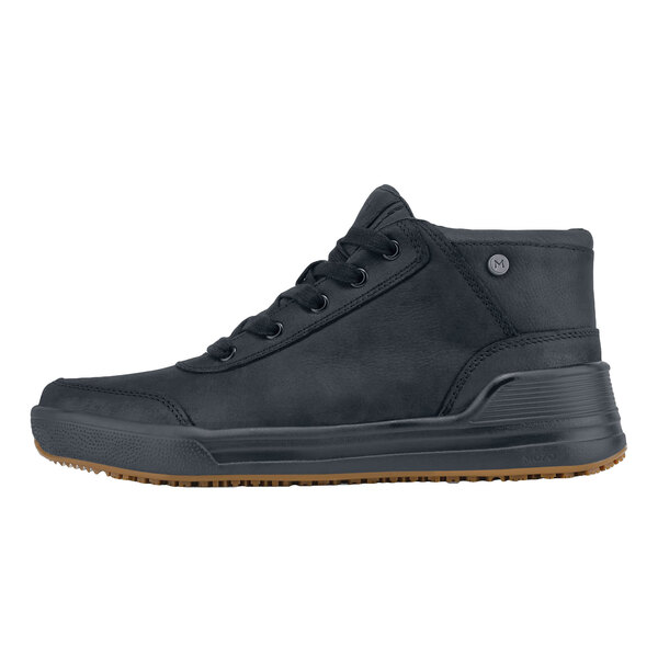 A pair of MOZO black men's casual shoes with brown rubber soles and laces.