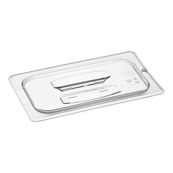 A clear plastic polycarbonate lid with handles for a food container.