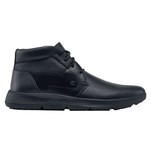 A black leather men's shoe with rubber soles and laces.