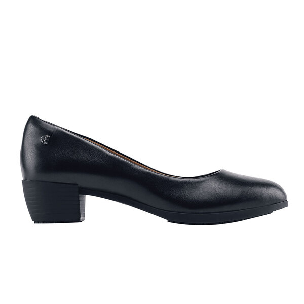 A black leather women's dress shoe with a square toe.