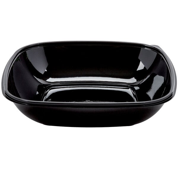 A black plastic Sabert square catering bowl with a lid.