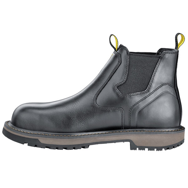 A black ACE Firebrand work boot with a yellow sole.