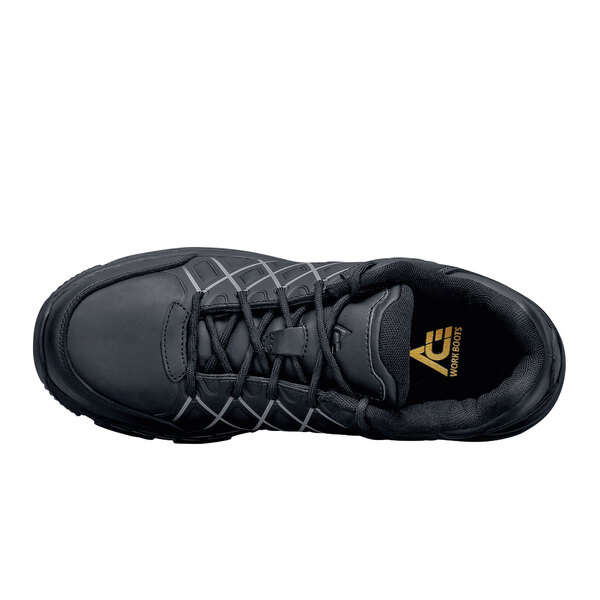 A close up of a black ACE Trident III safety shoe with laces.