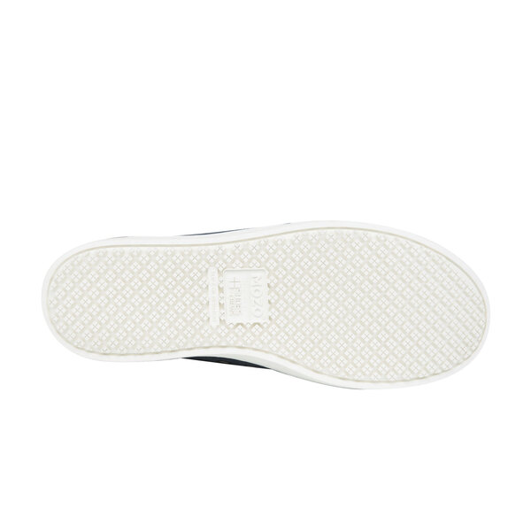 A pair of blue and taupe MOZO women's shoes with a black sole.