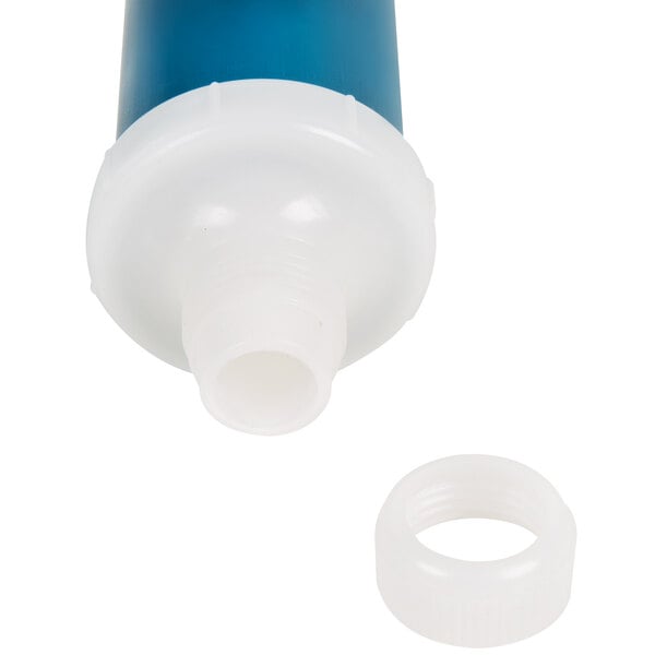 A blue and white plastic syringe with a white plastic ring.