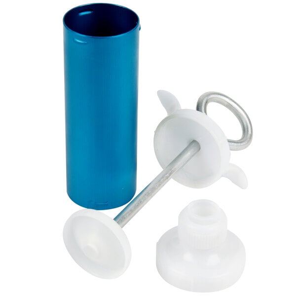 A blue plastic bottle with a white cap and a metal tube.