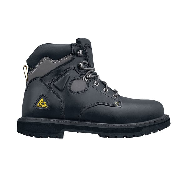 A black work boot with yellow accents and a yellow logo.