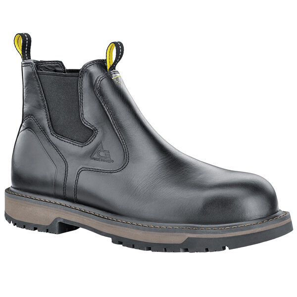 A black Firebrand work boot with yellow rubber soles.