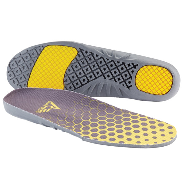 A close-up of an Ace yellow and gray gel comfort insole.