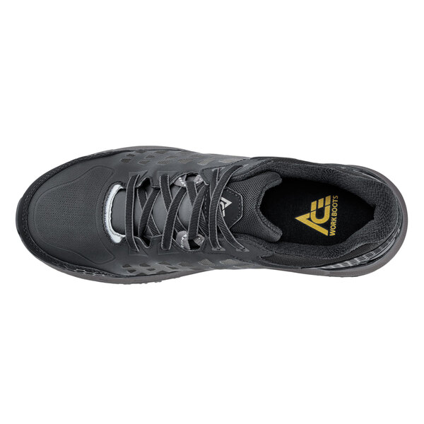 A black ACE Aster athletic shoe with a yellow logo.