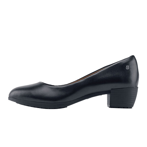 A black leather Shoes For Crews Willa dress shoe for women.