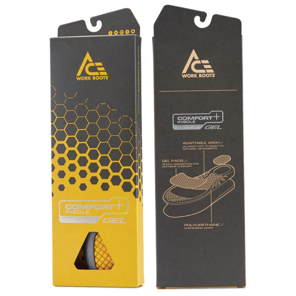 The packaging for Ace unisex yellow and black gel comfort insoles.