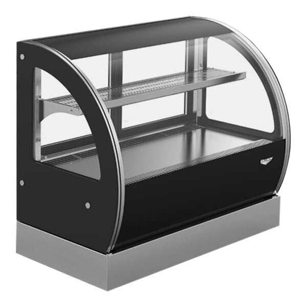 A black and silver Vollrath countertop heated display case with shelves.