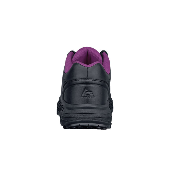 A black and purple ACE water-resistant athletic shoe with an aluminum toe and non-slip sole.