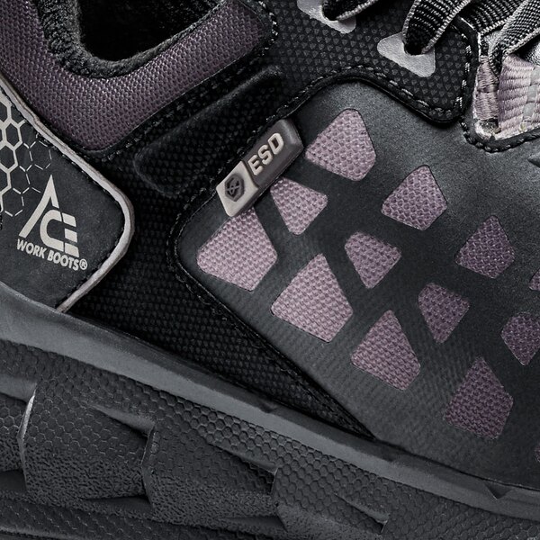 The back of a black and gray ACE Aster athletic shoe.