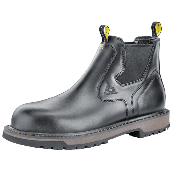 A black ACE Firebrand work boot with yellow and black sole and straps.