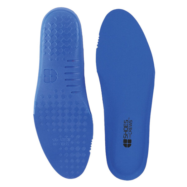 A blue Shoes For Crews insole in a blue plastic container.