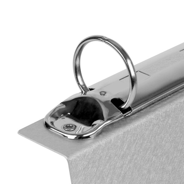 A Menu Solutions Alumitique aluminum table tent with top rings on a table.