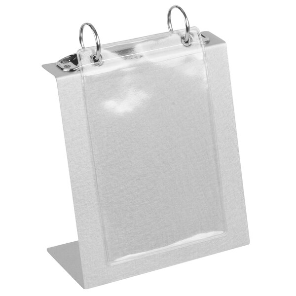 An aluminum Menu Solutions menu tent with top rings.