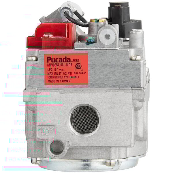 A silver Main Street Equipment liquid propane combination valve with a red label.