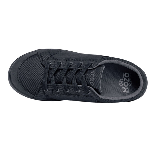 A close-up of a black MOZO Maven shoe with laces.