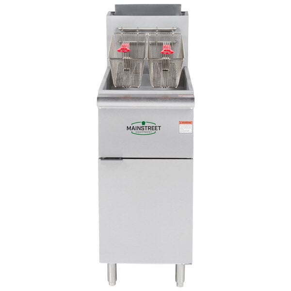 A Main Street Equipment stainless steel floor fryer with two baskets.