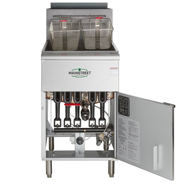 A MainStreet Equipment stainless steel floor fryer with two metal baskets.