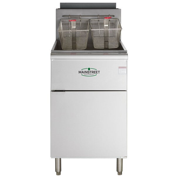 A MainStreet Equipment stainless steel floor fryer with two baskets.