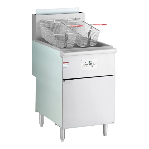 A stainless steel floor fryer with two fryer baskets and a front panel labeled 'MainStreet Equipment.'