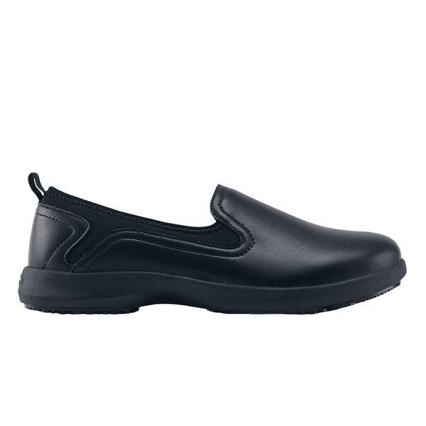 A black water-resistant slip-on shoe with a rubber sole.