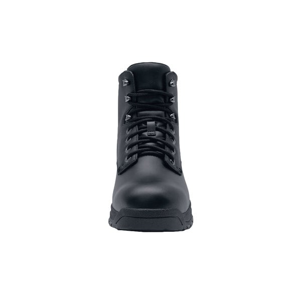 A black Shoes For Crews work boot with laces.
