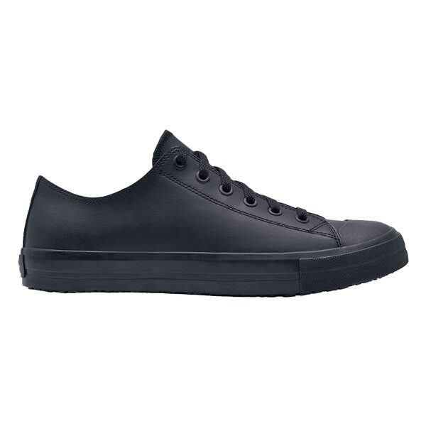 A black leather Shoes For Crews Delray shoe with laces and a rubber sole.