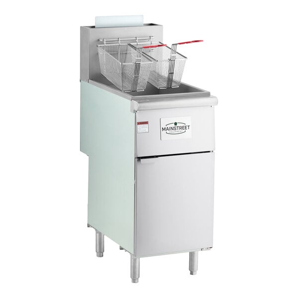A stainless steel floor fryer with two fryer baskets and a front panel labeled 'MainStreet Equipment.'