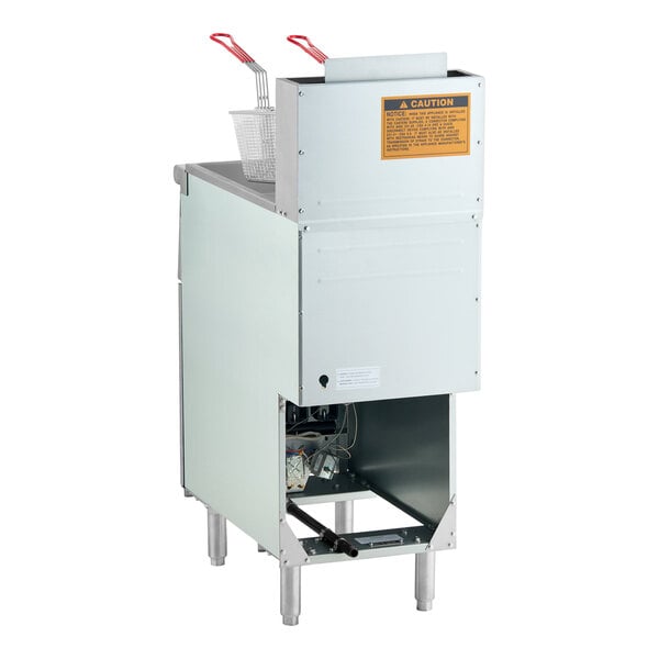 A stainless steel floor fryer with two fryer baskets and an open lower compartment, designed for commercial use.