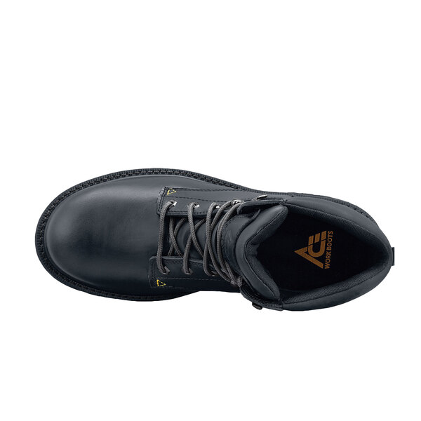 A black leather ACE Providence work boot with yellow laces on a white background.