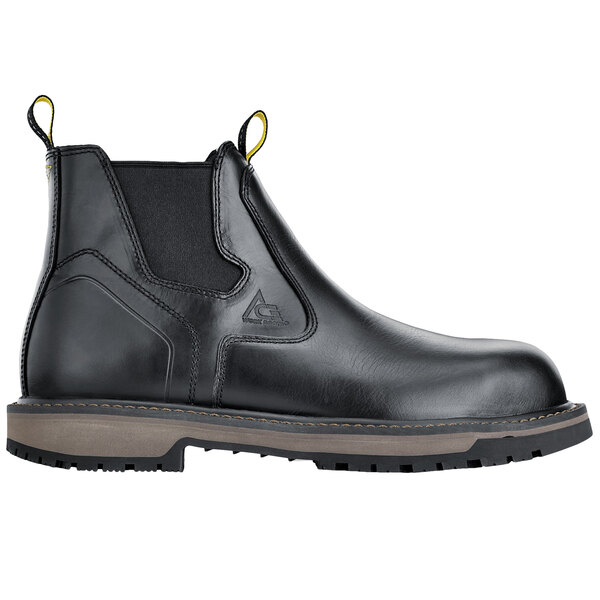 An ACE Firebrand men's black leather work boot with yellow laces.