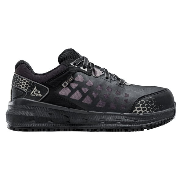 A black and gray water-resistant ACE women's safety shoe with a pattern on it.