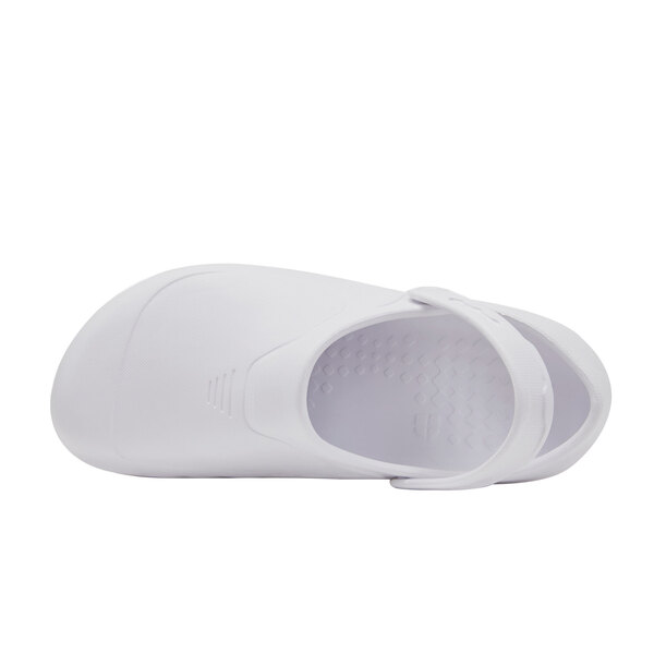 A white Shoes for Crews unisex shoe with a strap on the sole.