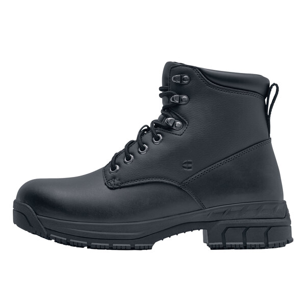 A black Women's Shoes For Crews work boot with laces.